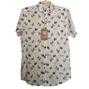 NWT Free Planet White Festive Santa Sleigh Reindeer Christmas Print Men's Shirt